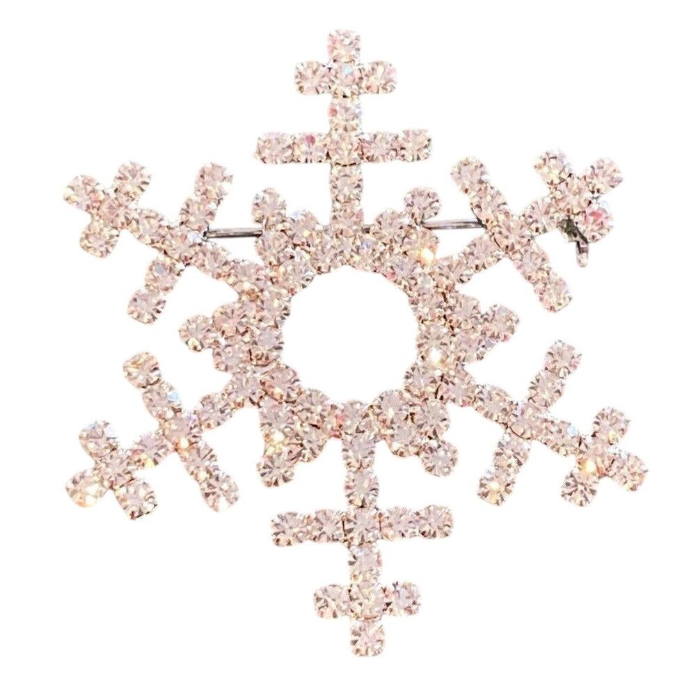 White rhinestones brooch festive Christmas holiday silver snowflake motif pin